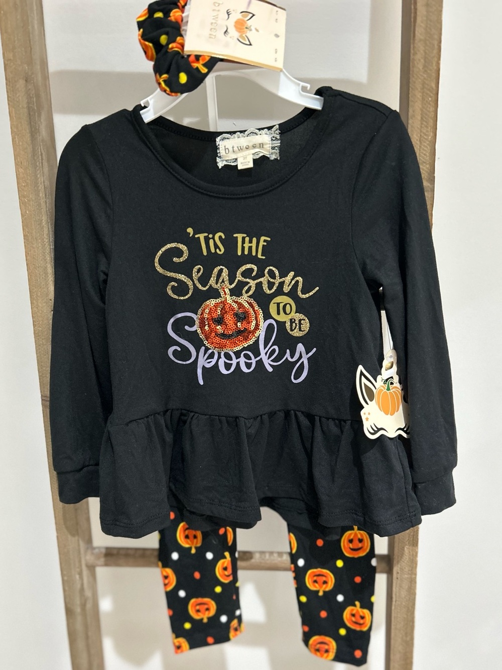 Btween Girls Halloween Peplum Outfit Sequin Spooky Pumpkin Scrunchie Size 3T NWT